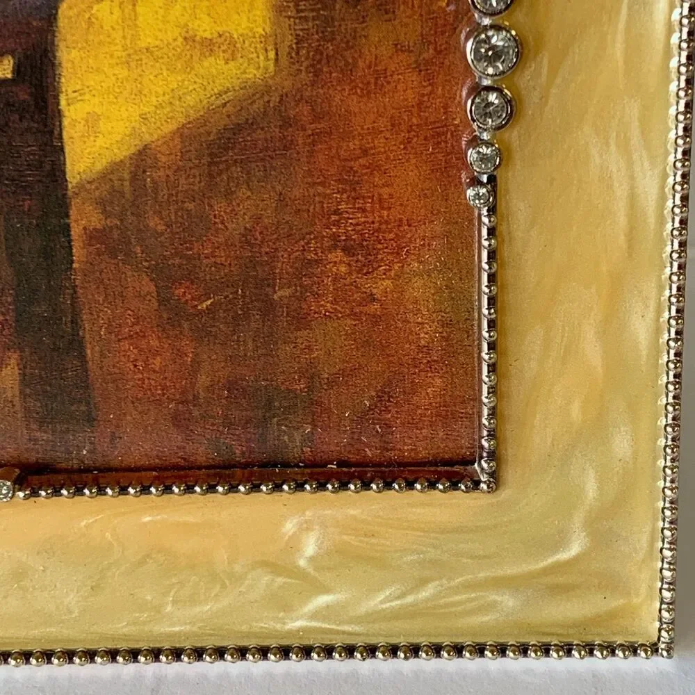Yellow Gold Enamel Picture Frame Silver Beaded Border Rhinestones 5x7 Adobe